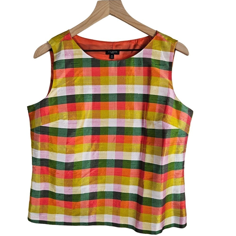 Talbots Multicolor Check Silk Tank Shell 14p Cora… - image 1